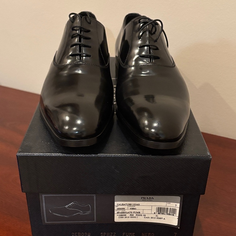 PRADA Spazzolato Fume’ Plain Toe Black Derby Sz.7 - Picture 2 of 16